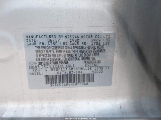 3N1CN7AP6HL899368 Nissan Versa 1.6 Sv