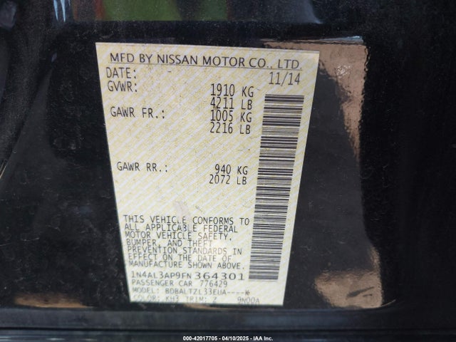 Nissan Altima 2.5 Sl 2015 1N4AL3AP9FN364301 Image 9