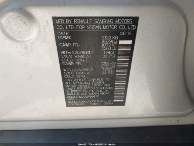 KNMAT2MV0GP684711 Nissan Rogue S/sl/sv