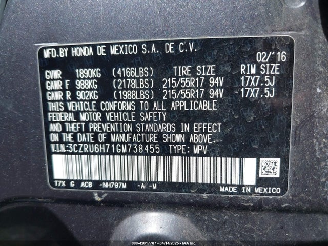 Honda Hr-v Ex-l 2016 3CZRU6H71GM738455 Image 9