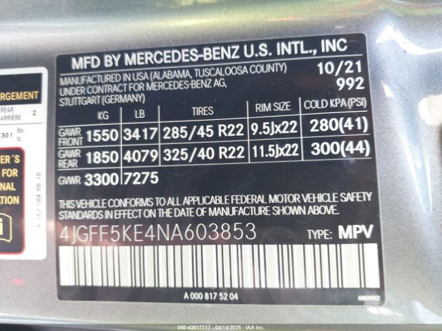 4JGFF5KE4NA603853 Mercedes-Benz Gls 450 4matic
