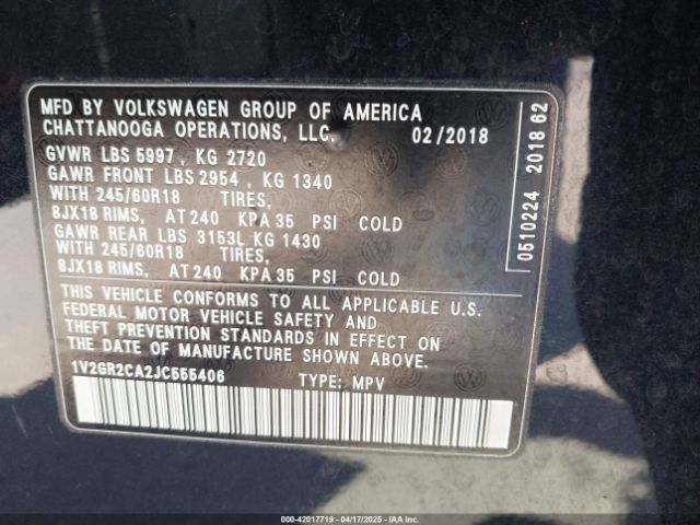 1V2GR2CA2JC555406 Volkswagen Atlas 3.6l V6 S