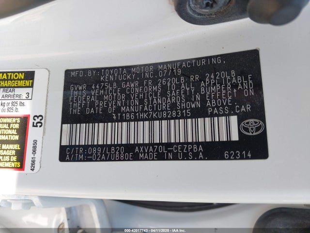 4T1B61HK7KU828315 Toyota CAMRY XSE