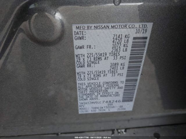 5N1AT2MV6LC748246 Nissan Rogue Sl Intelligent Awd