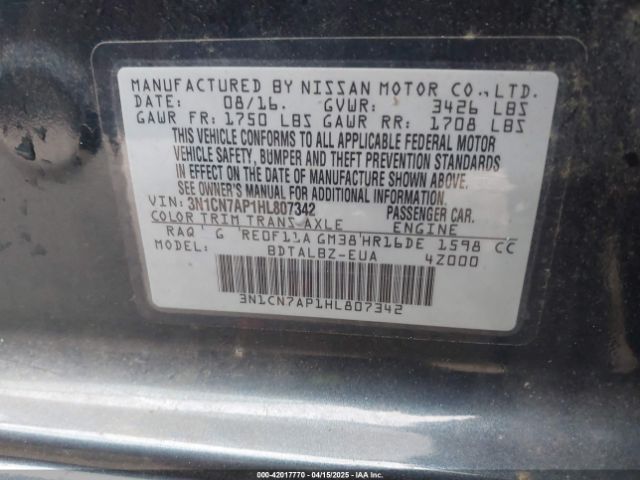 3N1CN7AP1HL807342 Nissan Versa 1.6 S/1.6 S+/1.6 Sl/1.6 Sv