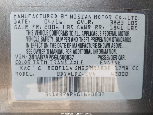 3N1AB7AP6GL660837 Nissan Sentra Fe+ S/s/sl/sr/sv