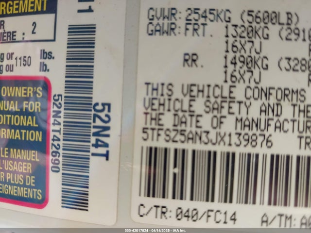 5TFSZ5AN3JX139876 Toyota Tacoma Sr5 V6