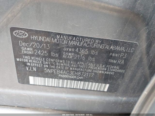 5NPEB4AC3EH872117 Hyundai SONATA GLS