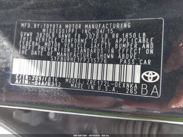 5YFBURHE1FP315776 Toyota COROLLA LE
