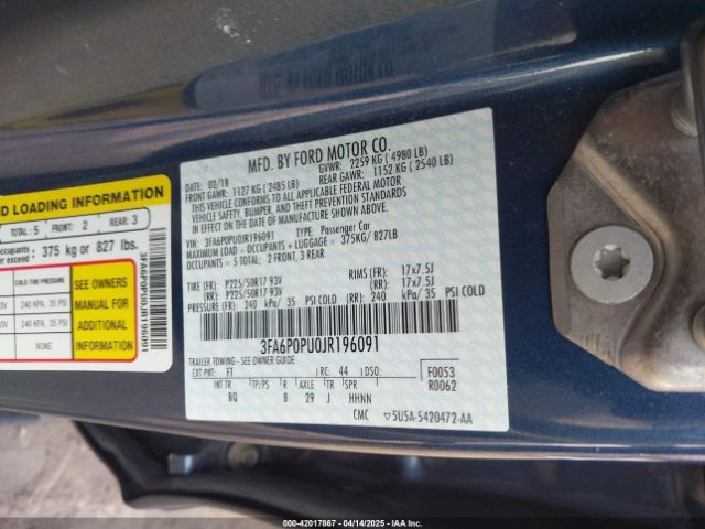3FA6P0PU0JR196091 Ford Fusion Energi Se Luxury