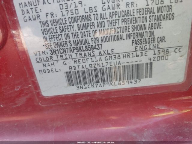 3N1CN7AP9KL859437 Nissan Versa 1.6 Sv