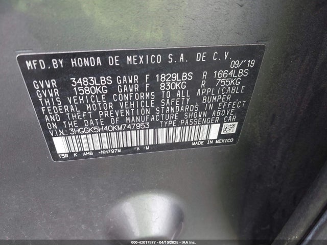 3HGGK5H40KM747953 Honda FIT LX