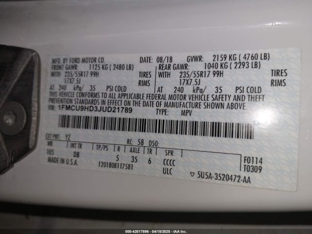 1FMCU9HD3JUD21789 Ford ESCAPE SEL