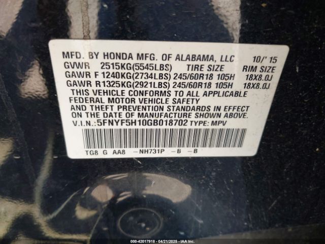 5FNYF5H10GB018702 Honda PILOT LX