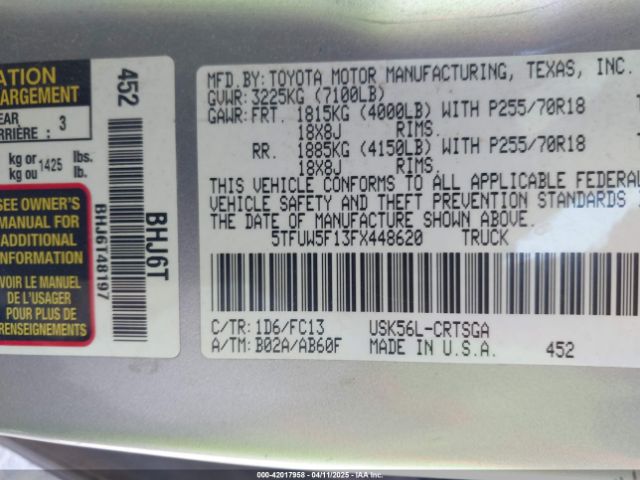 5TFUW5F13FX448620 Toyota Tundra Sr5 5.7l V8