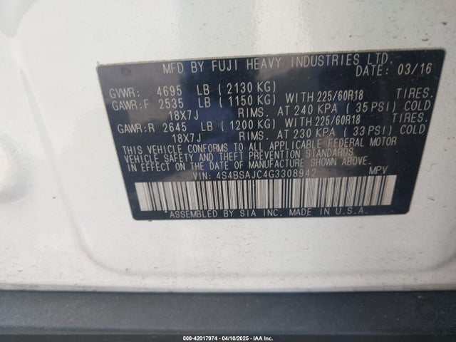 4S4BSAJC4G3308942 Subaru Outback 2.5i Limited