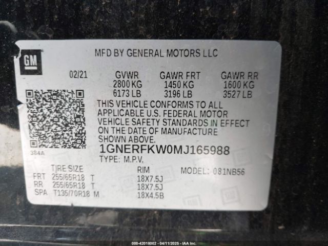 1GNERFKW0MJ165988 Chevrolet Traverse Fwd Ls