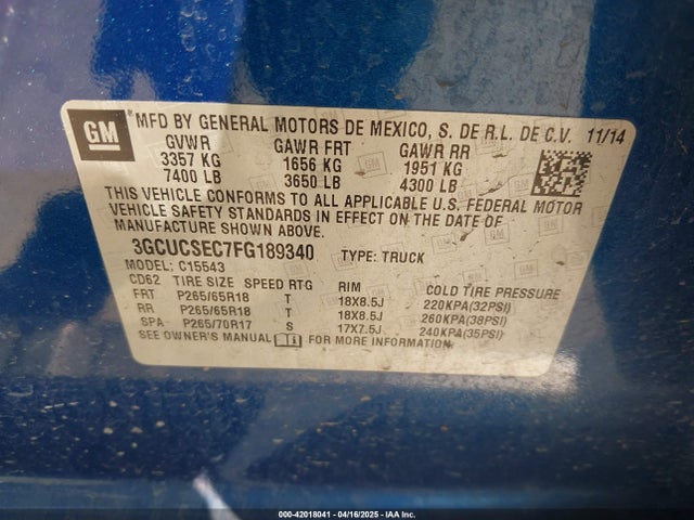 3GCUCSEC7FG189340 Chevrolet Silverado 1500 1lz