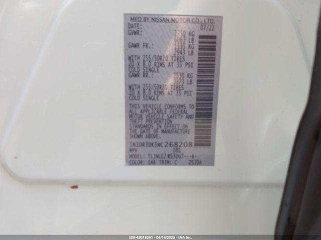 5N1DR3DK5NC268208 Nissan Pathfinder Platinum 4wd
