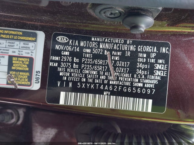 KIA SORENTO LX 2015 5XYKT4A62FG656097 Image 9