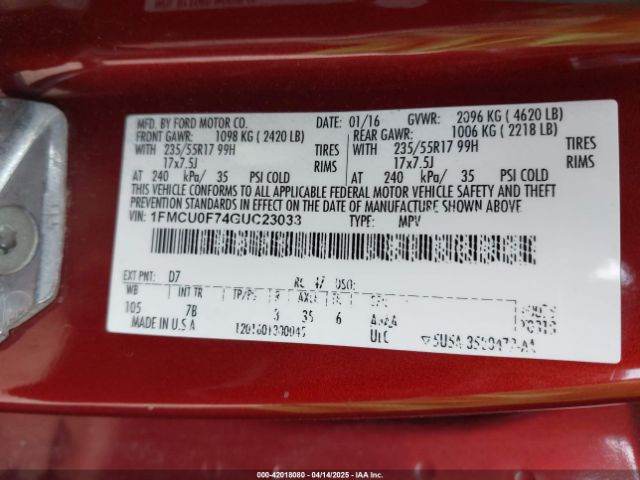 1FMCU0F74GUC23033 Ford ESCAPE S