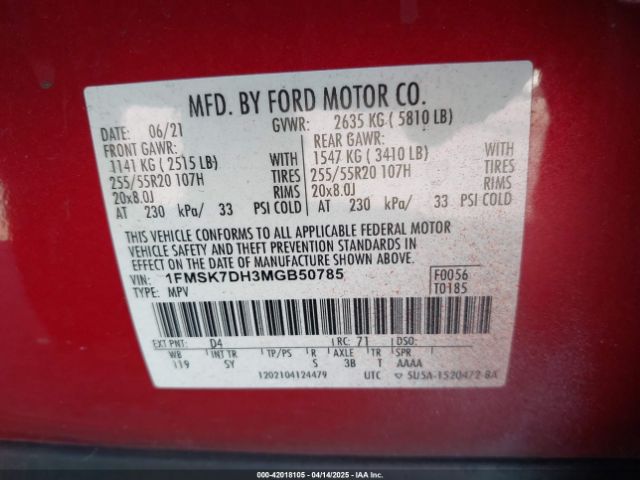1FMSK7DH3MGB50785 Ford EXPLORER XLT