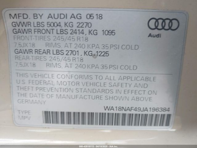 WA18NAF49JA196384 Audi A4 Allroad 2.0t Premium/2.0t Tech Premium