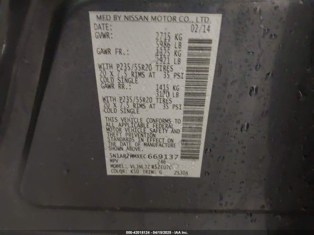 Nissan Pathfinder Platinum 2014 5N1AR2MMXEC669137 Image 9