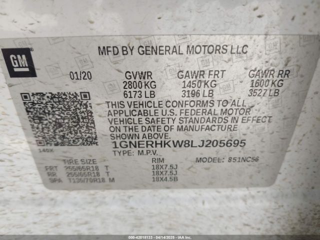 1GNERHKW8LJ205695 Chevrolet Traverse Fwd Lt Leather