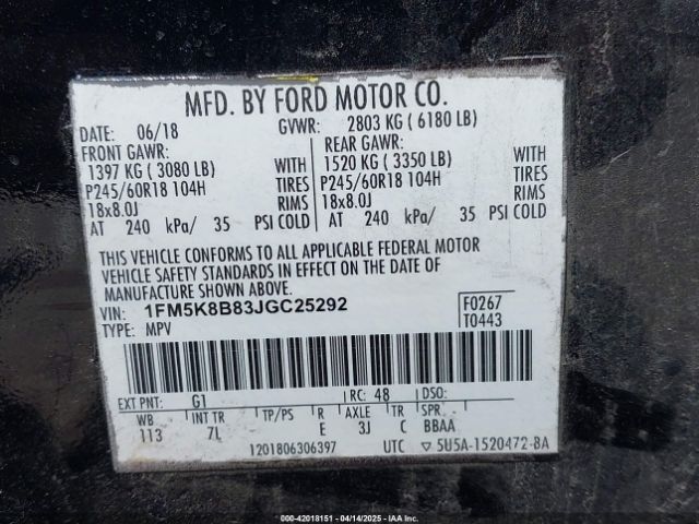 1FM5K8B83JGC25292 Ford Explorer