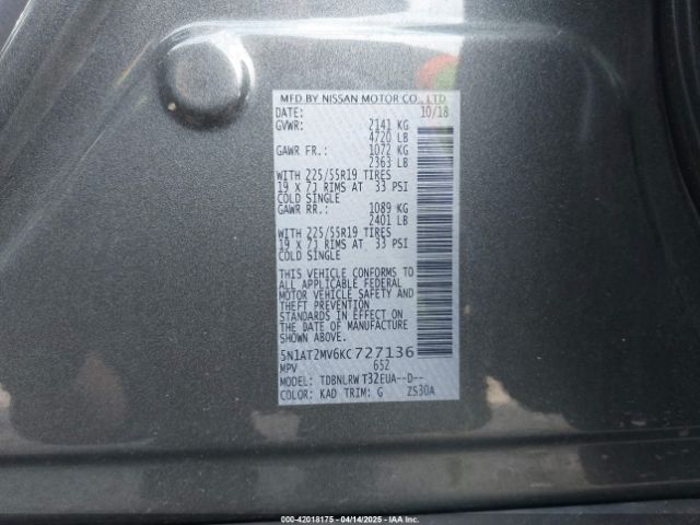 5N1AT2MV6KC727136 Nissan Rogue Sl