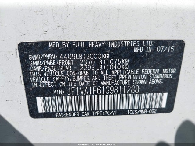 Subaru 2.0 dib turbo 2016 JF1VA1E61G9811288 Image 9