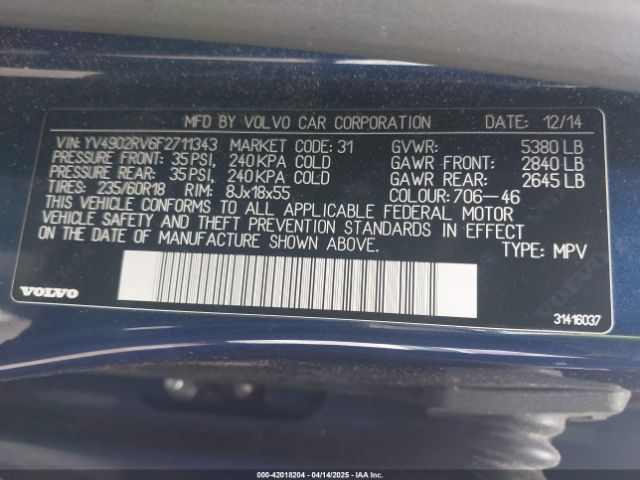 YV4902RV6F2711343 Volvo Xc60 T6/platinum