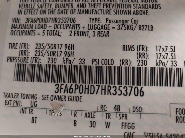 Ford FUSION SE 2017 3FA6P0HD7HR353706 Image 9