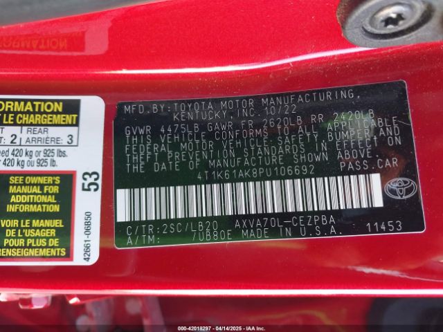 4T1K61AK8PU106692 Toyota CAMRY XSE