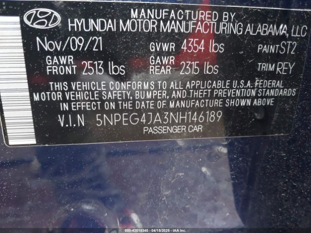 5NPEG4JA3NH146189 Hyundai SONATA SE