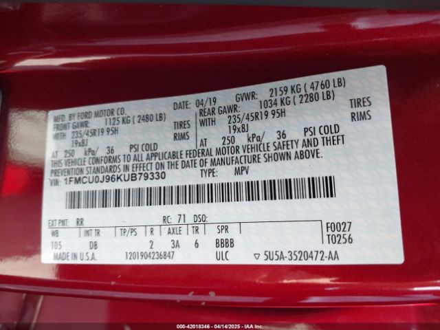1FMCU0J96KUB79330 Ford Escape Titanium