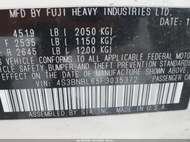 4S3BNBL65F3035372 Subaru Legacy 2.5i Limited