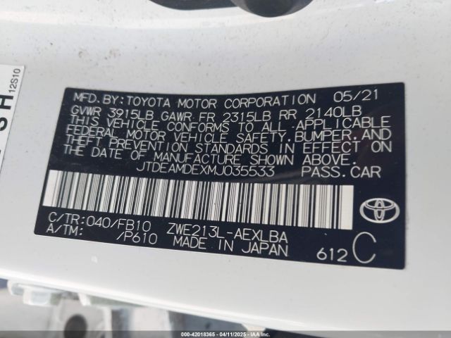 JTDEAMDEXMJ035533 Toyota Corolla Hybrid Le