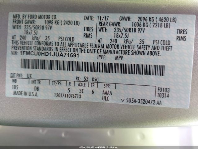 1FMCU0HD1JUA71691 Ford ESCAPE SEL
