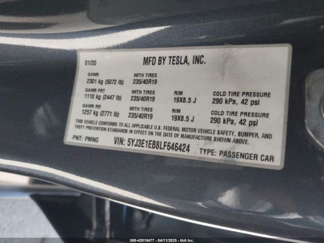 2020 TESLA MODEL 3 5YJ3E1EB8LF646424 Photo 8
