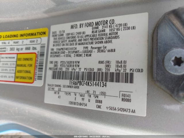1FA6P8CF4K5144134 Ford Mustang Gt Premium