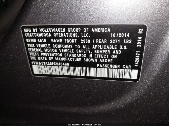 1VWAT7A39FC040496 Volkswagen Passat 1.8t Wolfsburg Edition