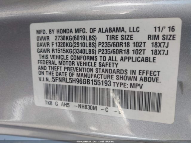 5FNRL5H96GB155193 Honda Odyssey Touring/touring Elite