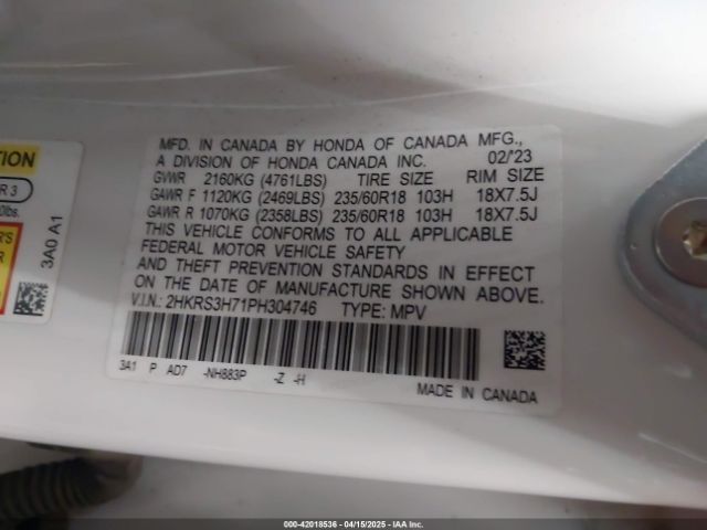 2HKRS3H71PH304746 Honda Cr-v Ex-l 2wd