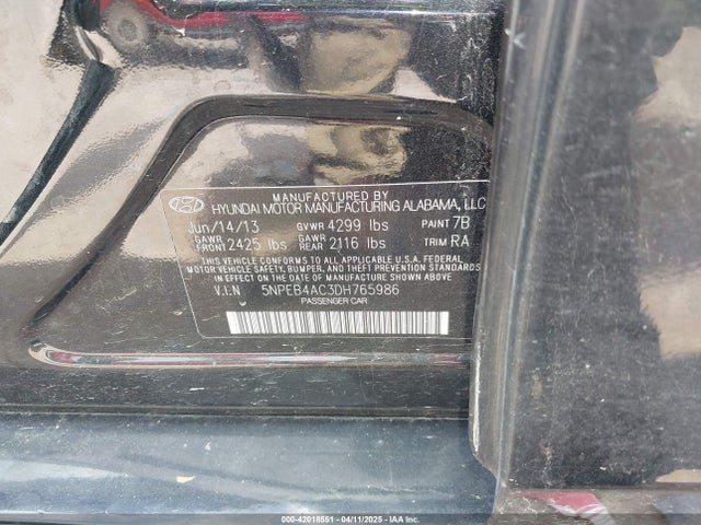 42018551 :رقم المزاد ، 5NPEB4AC3DH765986 vin ، 2013 Hyundai Sonata Gls مزاد بيع
