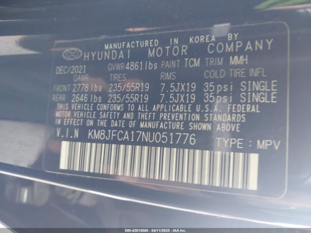 KM8JFCA17NU051776 Hyundai Tucson Hybrid Sel Convenience