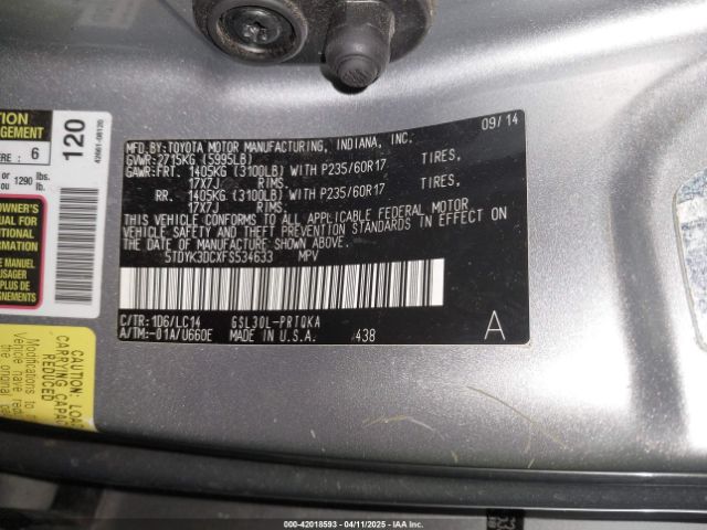 5TDYK3DCXFS534633 Toyota Sienna Xle 8 Passenger