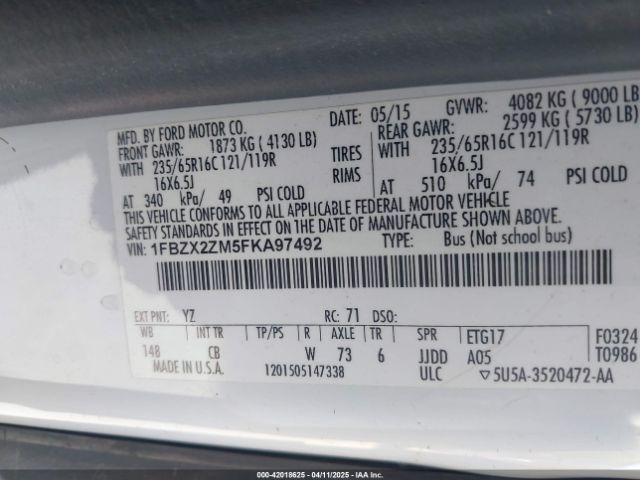 1FBZX2ZM5FKA97492 Ford Transit-350 Xlt
