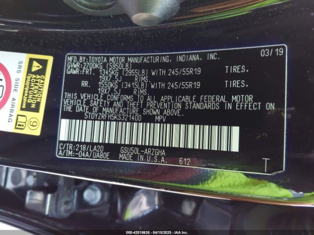 5TDYZRFH5KS321400 Toyota Highlander Limited